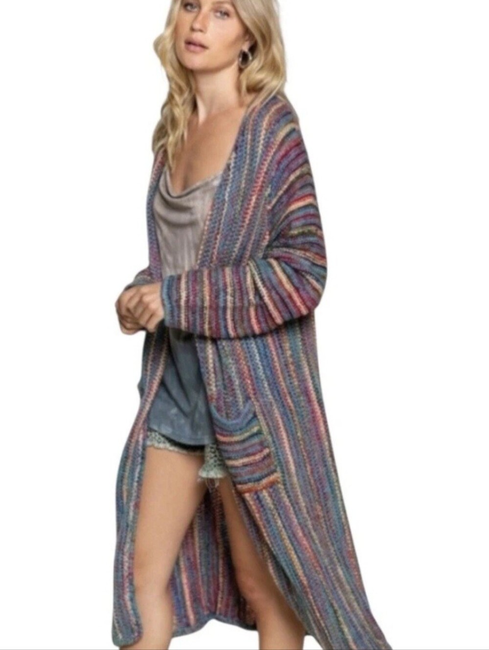 POL Teal Rainbow Stripe Cozy Mid Length Cardigan Small